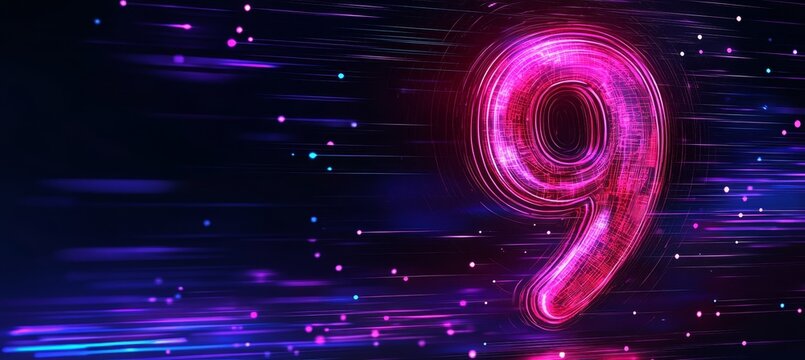 Glowing Purple and Pink Number Nine on Abstract Background with Light Trails, Digital Art