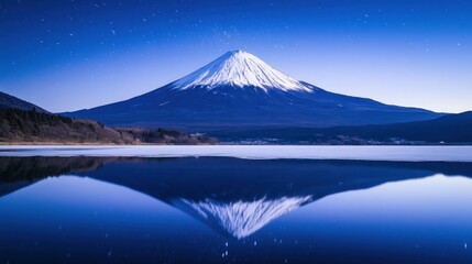 Majestic snow-capped mountain reflected in a serene frozen lake under a starry night sky.