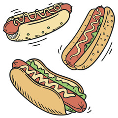 Set of hand-drawn hot dogs in various styles, colorful sketch vector illustration
