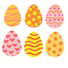 Vector set of 6 Easter eggs isolated on white background featuring dots, flowers, stripes and hearts. For easter greeting cards, postcards and prints