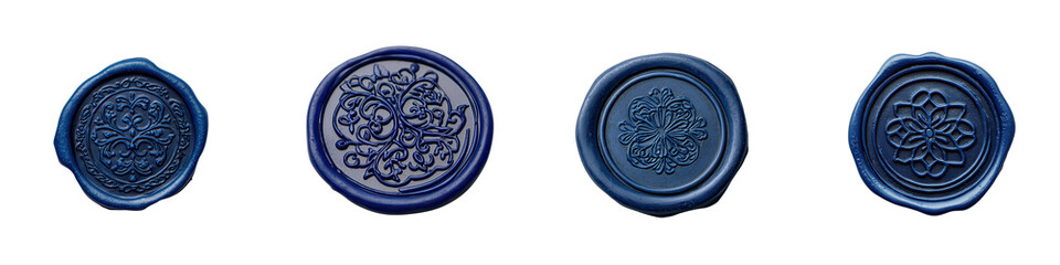 Collection of exquisite wax seal stamps featuring intricate floral patterns swirls and ornamental designs in a sophisticated formal and elegant style reminiscent of classical baroque