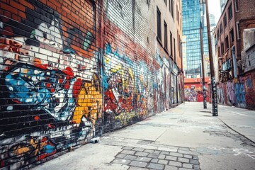 Fototapeta premium Vibrant street art on graffiti-covered brick wall in urban alleyway colorful mural displays gritty city environment eye-level viewpoint urban culture and expression