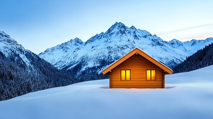 Fototapeta premium Cozy Wooden Cabin In Snowy Mountain Landscape