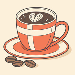 Cute Coffee Cup Drawing with Saucer and Coffee Beans,Stylish Coffee Cup and Coffee Beans Illustration for Marketing