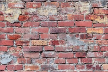 Fototapeta premium Rustic red brick wall with visible mortar lines showcasing textured surface in urban environment captured from close view for architectural inspiration