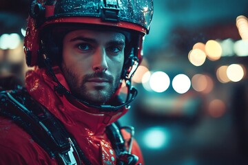 Coast Guard Officer Wearing Helmet and Protective Gear During Night Rescue Operation