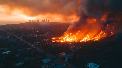 Fototapeta premium Dramatic Aerial View of Raging Wildfire at Sunset over Cityscape