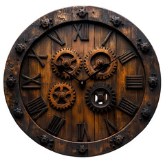 Fototapeta premium Rustic Wooden Gear Clock Wall Decor Vintage Timepiece with Roman Numerals and Metal Cogs