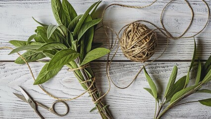 Sage bundle on wooden background, sage herb picked for medicinal and culinary use, overhead view