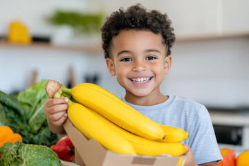 Smiling boy holding a bunch of bananas while unpacking groceries in a kitchen, promoting healthy eating habits and family participation in meal preparation