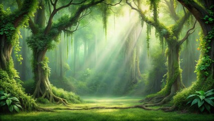 Fototapeta premium Lush Green Canopy, Sunlight Dappling Through Ancient Trees in a Mystical Forest Scene