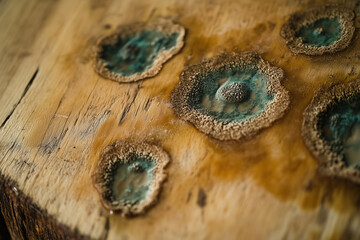 Macro photograph showcasing intricate mold growth patterns on wooden surface