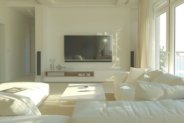 Modern living room with big TV and sofa in light beige tones. Neural network ai generated