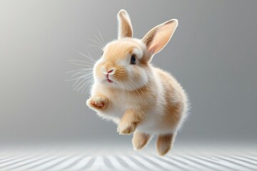 Obraz premium Adorable fluffy bunny jumping with open mouth and paws up