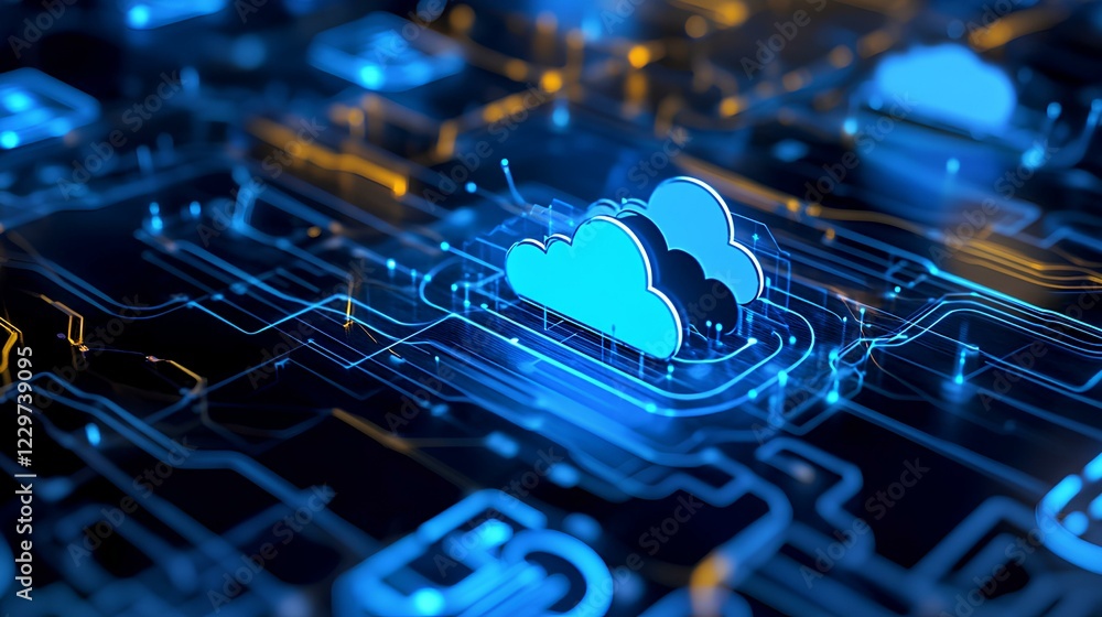 Poster an intimate magazine-style image of digital transformation powered by cloud technology in a high-tec