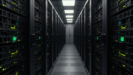Camera moving in data center along the racks with server equipment, close up view. Seamlessly looped photorealistic 3D render animation