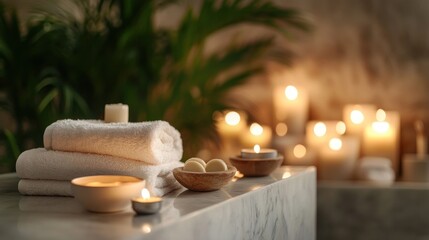 Spa bathroom with candles, towels, and bath products.