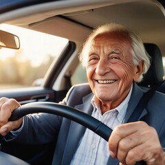 Elderly Man Smiling While Driving a Car on a Sunny Day