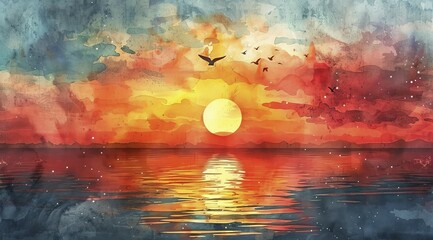Fototapeta premium Watercolor painting of a vibrant sunset over the sea with birds in the sky, ai generated, AI generated