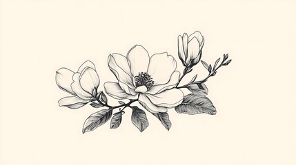 Obraz premium Magnolia flowers line drawing, delicate botanical illustration, elegant design, suitable for prints, cards, or decor
