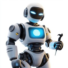 robot assistant with a glowing touchscreen chest, holding a tool, isolated on a clean white background