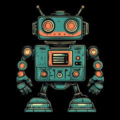 Naklejka premium Retro robot graphic design, vibrant colors, detailed mechanical parts