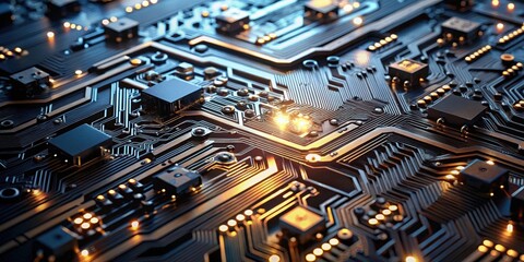 Intricate Circuit Board Design Illuminated by Warm Glowing Lights, Showing Complex Technological Pathways and Components