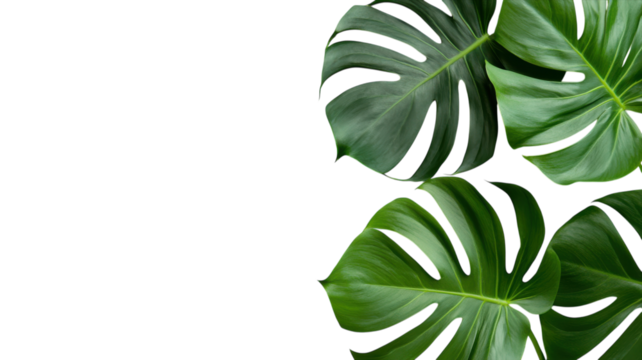 Lush green monstera leaves arranged artfully against a bright white background