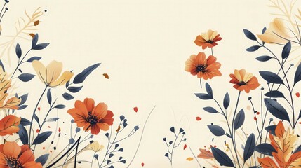 Obraz premium Minimalistic watercolor representation of orange and blue flowers and leaves on a beige background, depicting nature, AI generated