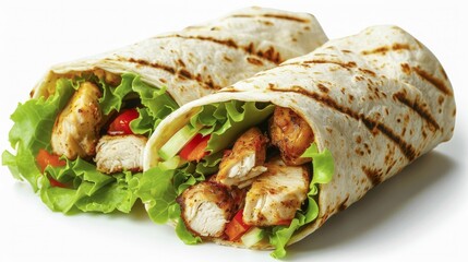 Chicken wraps filled with fresh lettuce, tomatoes, and grilled chicken pieces inside tortillas, AI generated
