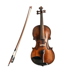 Elegant Wooden Violin and Bow Isolated on White Background