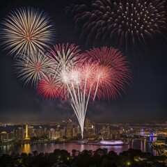 Vibrant fireworks display over a city's river with illuminated buildings, AI generated
