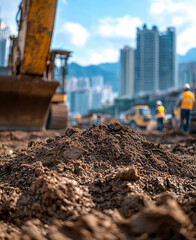 Fototapeta premium Excavator and Urban Construction Site: Earth Pile Close-up.