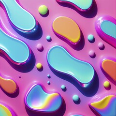 Abstract image with colorful blobs and liquid shapes on a pink background featuring blue, yellow, and turquoise, AI generated