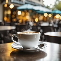 Fototapeta premium Cozy ambiance in an outdoor cafe with a cup of coffee on a saucer with a spoon, surrounded by warm lighting, AI generated
