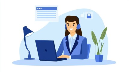 Customer expectation for satisfaction. A woman in a suit working on a laptop with a headset in a bright office space.