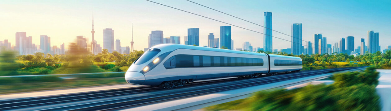 high speed electric train gliding through futuristic urban landscape, showcasing clean energy and modern transportation. scene evokes sense of innovation and progress