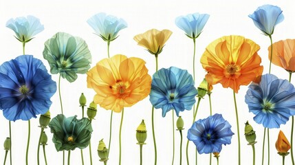 Illuminated colorful flowers arrayed against the white background, showcasing nature in a vibrant and bold style, AI generated