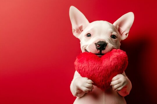 Commercial concept creative design. Bull terrier - my treasured dog. Cute bull terrier hound with fluffy red heart - sign of love, funny greeting card. Valentine's dog couple ideas.