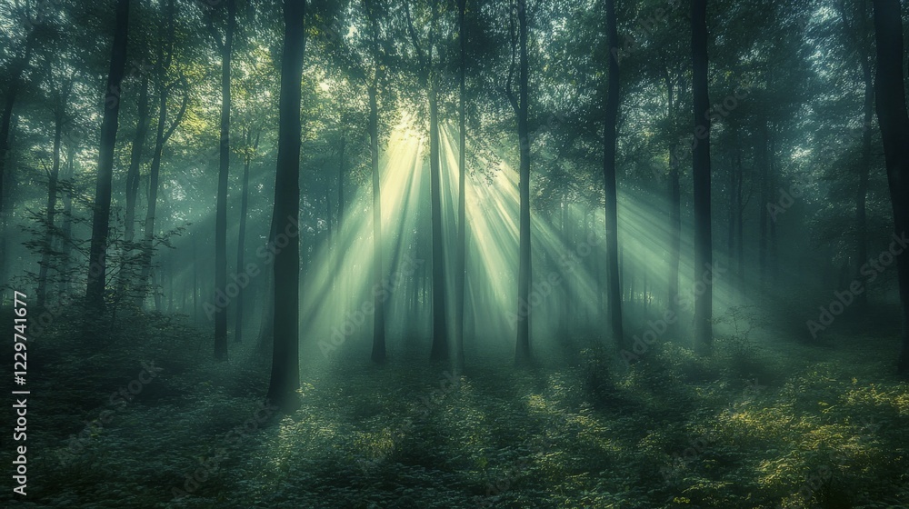 Poster sunlight filters through trees in a misty forest, creating a peaceful and serene atmosphere, ai gene
