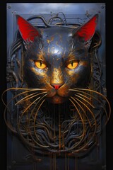 Metallic black cat head with yellow eyes and red ears encrusted in a metallic door, AI generated