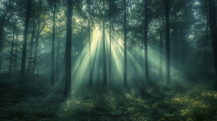 Sunlight filters through trees in a misty forest, creating a peaceful and serene atmosphere, AI generated