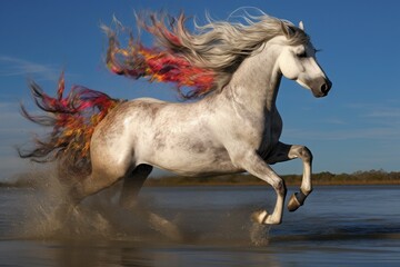 Obraz premium White horse with a flamboyant mane galloping in the water, AI generated