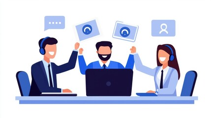 Customer expectation for satisfaction. Team celebrating success with laptops and communication tools.