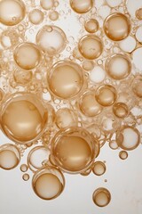 Glossy beige bubbles floating in a translucent liquid. Abstract fluid composition with a soft, dreamy aesthetic. Modern, airy, and elegant design. Generative AI