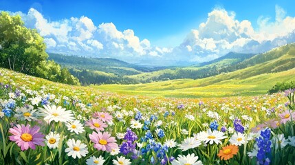 Fototapeta premium Colorful Blooming Meadow Landscape Painting
