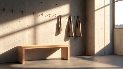 Minimalist Wooden Bench in Sunlit Concrete Room
