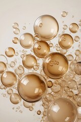 Glossy beige bubbles floating in a translucent liquid. Abstract fluid composition with a soft, dreamy aesthetic. Modern, airy, and elegant design. Generative AI