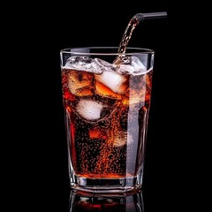 Refreshing Carbonated Beverage in a Glass with Ice and Straw