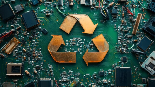 Old Electronic Parts Arranged in Recycling Symbol on Circuit Board Background for Sustainable Technology Concepts